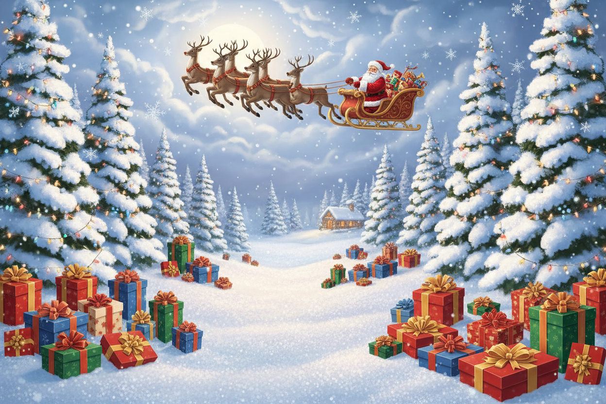 brazi sa para in cadrele principale, mos craciun in trasura trasa de reni, cadouri zapada