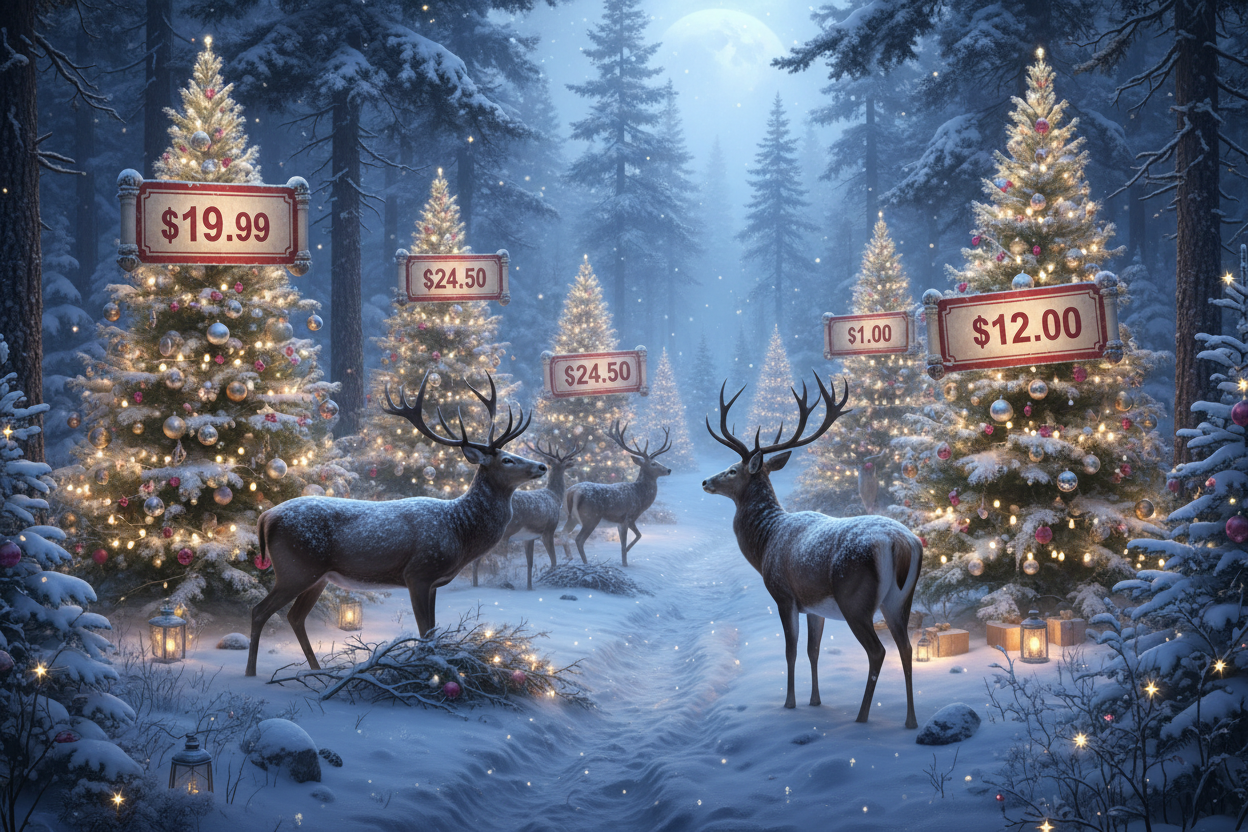 christmas trees on low prices in a fantastic place with deers 